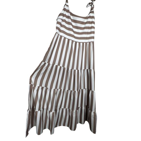 Brown White Striped Maxi Dress XL Tie Shoulder Tiered Summer Sundress - Picture 10 of 10